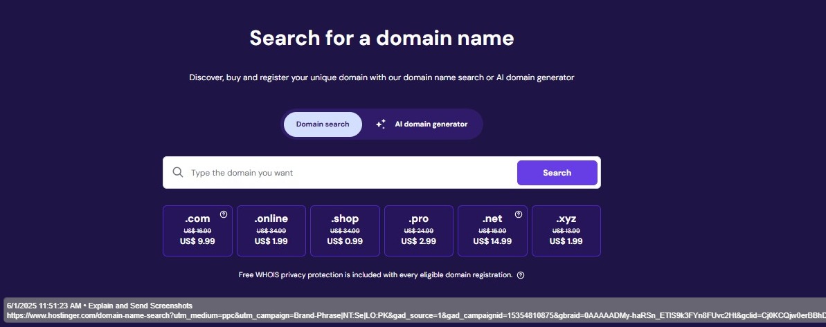 Hostinger Domain Search Interface